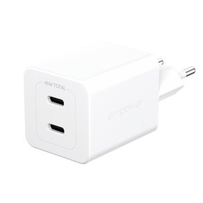 PanzerGlass Empower Turbo 45W oplader med 2x USB-C | GaN | S�lvhvid