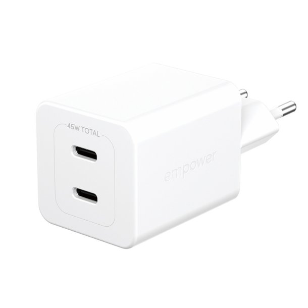 PanzerGlass Empower Turbo 45W oplader med 2x USB-C | GaN | S�lvhvid