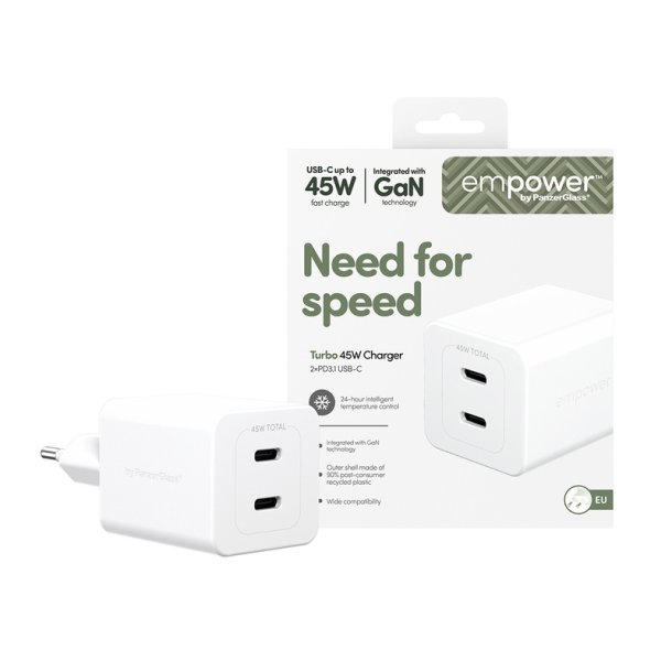 PanzerGlass Empower Turbo 45W oplader med 2x USB-C | GaN | S�lvhvid