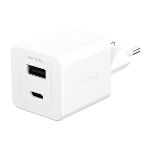 PanzerGlass Empower Turbo 35W oplader med USB-C og USB-A | EU stik | S�lvhvid