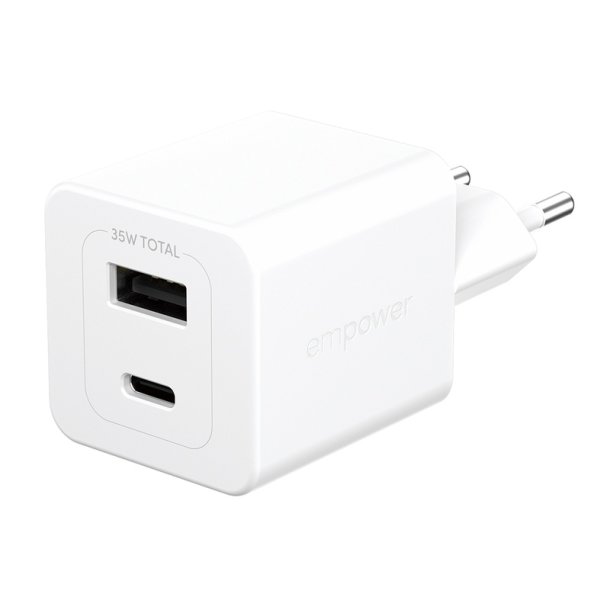 PanzerGlass Empower Turbo 35W oplader med USB-C og USB-A | EU stik | S�lvhvid