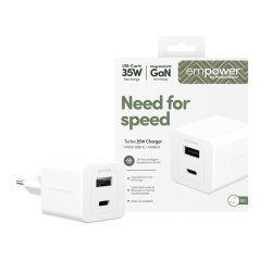 PanzerGlass Empower Turbo 35W oplader med USB-C og USB-A | EU stik | S�lvhvid