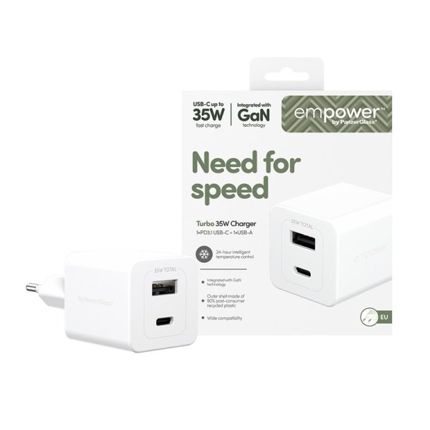 PanzerGlass Empower Turbo 35W oplader med USB-C og USB-A | EU stik | S�lvhvid