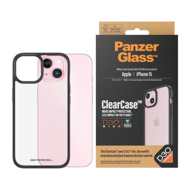 PanzerGlass ClearCase Transparent m. Sort Ramme &amp; D3O iPhone 15