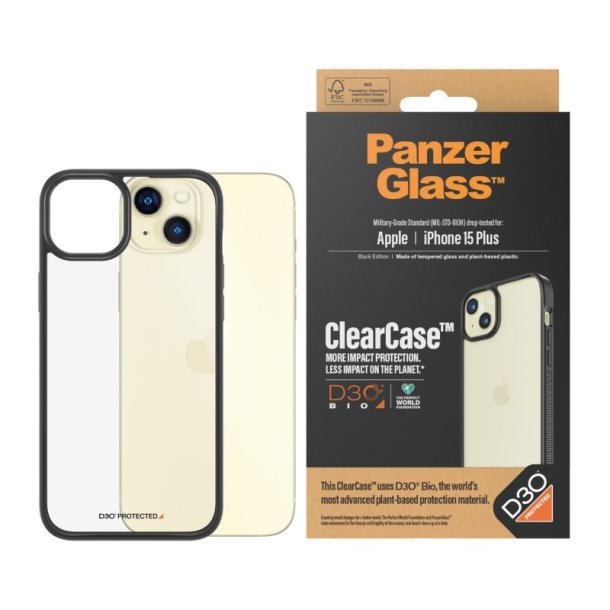 PanzerGlass ClearCase Transparent m. Sort Ramme &amp; D3O iPhone 15 Plus