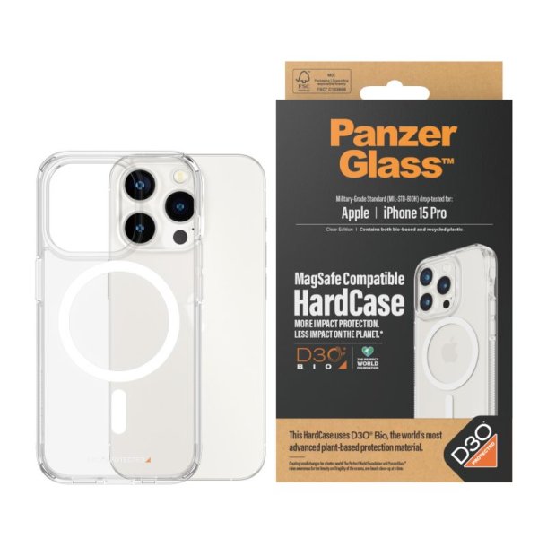PanzerGlass HardCase Transparent m. Hvid MagSafe &amp; D3O iPhone 15 Pro