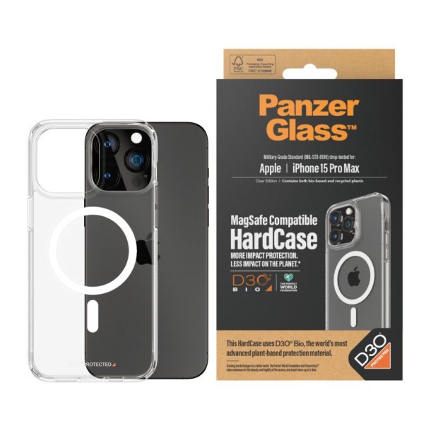 PanzerGlass HardCase Transparent m. Hvid MagSafe &amp; D3O iPhone 15 Pro Max