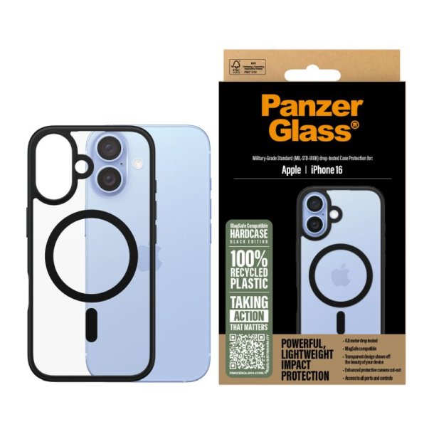 PanzerGlass HardCase Transparent m. Sort MagSafe &amp; Ramme iPhone 16