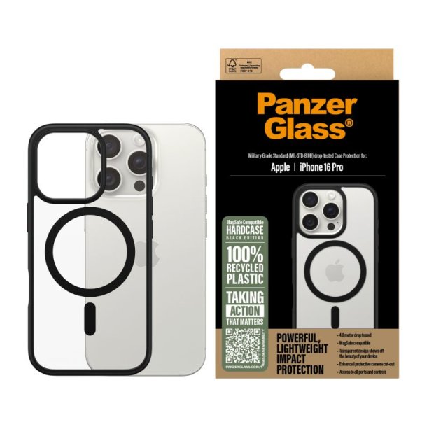 PanzerGlass HardCase Transparent m. Sort MagSafe &amp; Ramme iPhone 16 Pro