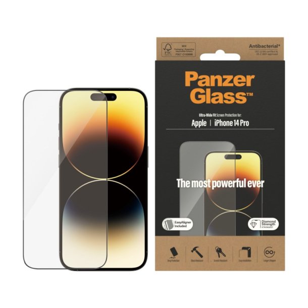 PanzerGlass Skrmbeskyttelse iPhone 14 Pro | Ultra-Wide Fit w. EasyAligner