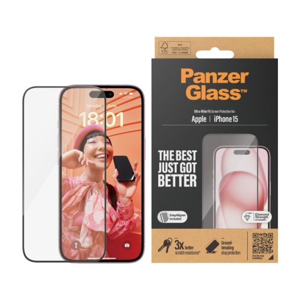 PanzerGlass Skrmbeskyttelse iPhone 15 | Ultra-Wide Fit m. EasyAligner