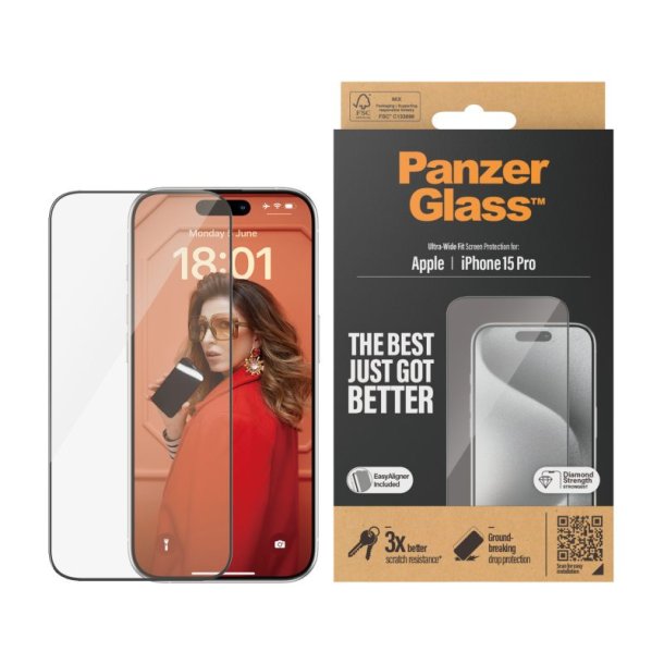 PanzerGlass Skrmbeskyttelse iPhone 15 Pro | Ultra-Wide Fit m. EasyAligner