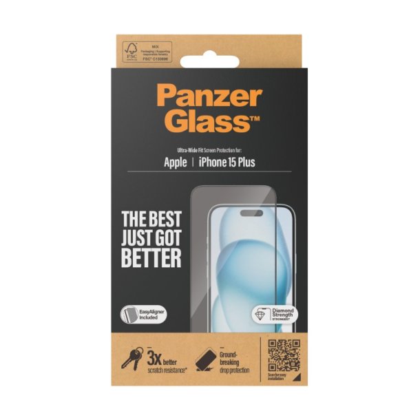 PanzerGlass Skrmbeskyttelse iPhone 15 Plus | Ultra-Wide Fit m. EasyAligner