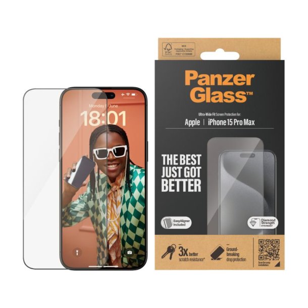 PanzerGlass Skrmbeskyttelse iPhone 15 Pro Max | Ultra-Wide Fit m. EasyAligner