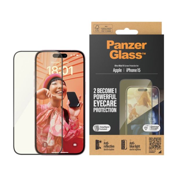 PanzerGlass Eyecare Skrmbeskyttelse iPhone 15 | Ultra-Wide Fit m. EasyAligner