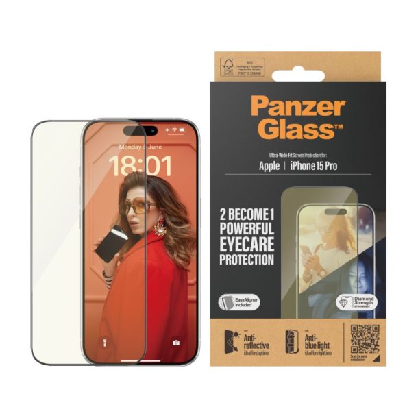 PanzerGlass Eyecare Skrmbeskyttelse iPhone 15 Pro | Ultra-Wide Fit m. EasyAligner