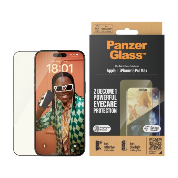 PanzerGlass Eyecare Skrmbeskyttelse iPhone 15 Pro Max | Ultra-Wide Fit