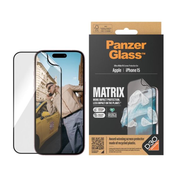 PanzerGlass ECO MATRIX Skrmbeskyttelse med D3O iPhone 15 | Ultra-Wide Fit m. AlignerKit