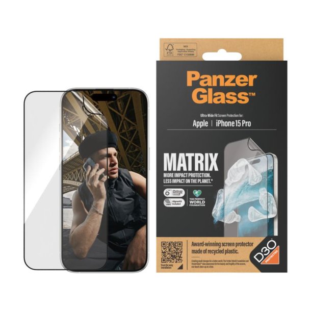 PanzerGlass ECO MATRIX Skrmbeskyttelse med D3O iPhone 15 Pro | Ultra-Wide Fit m. AlignerKit