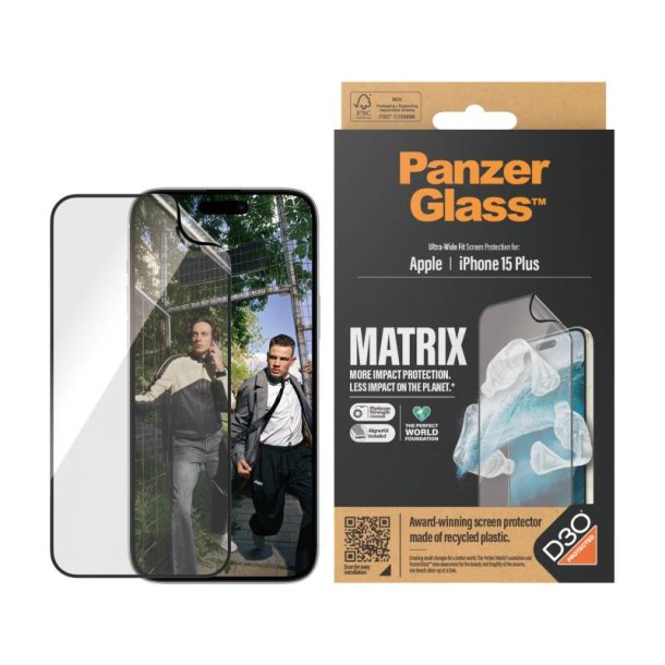 PanzerGlass ECO MATRIX Skrmbeskyttelse med D3O iPhone 15 Plus | Ultra-Wide Fit m. AlignerKit