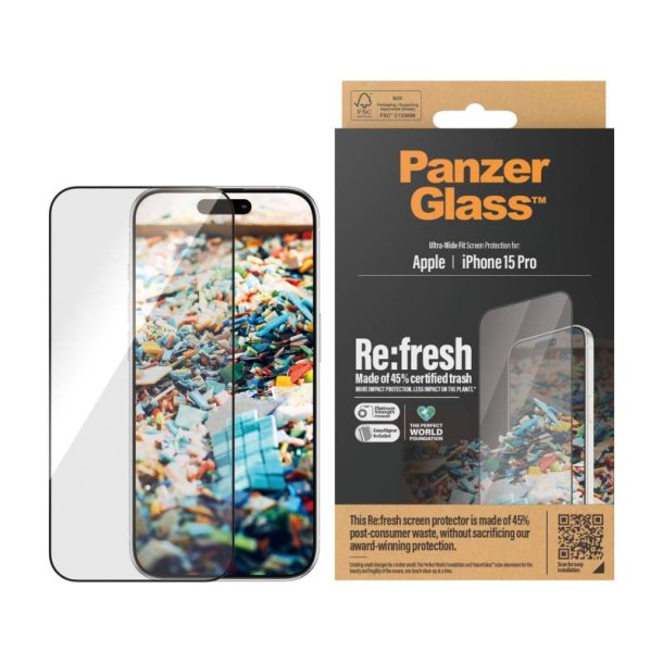 PanzerGlass Re:fresh Skrmbeskyttelse iPhone 15 Pro | Ultra-Wide Fit m. EasyAligner