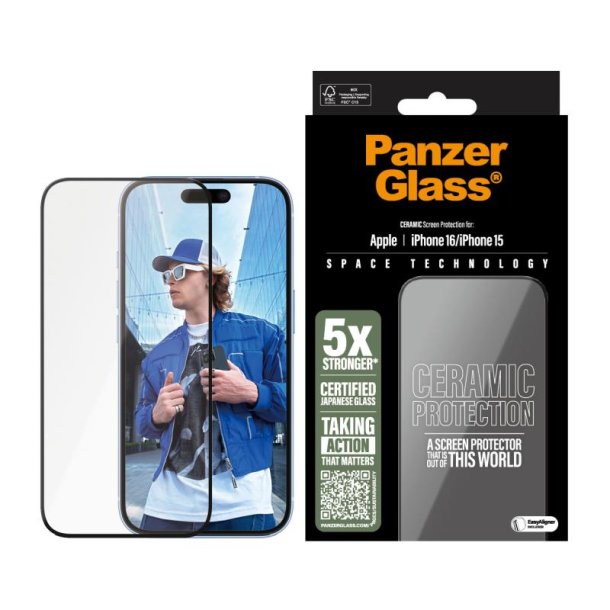 PanzerGlass Ceramic Skrmbeskyttelse iPhone 16 | 15 | Ultra-Wide Fit