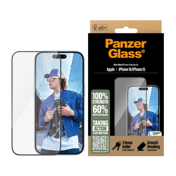 PanzerGlass Skrmbeskyttelse iPhone 16 | 15 | Ultra-Wide Fit
