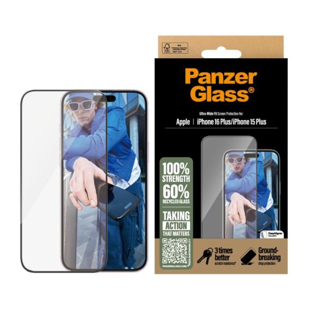 PanzerGlass Skrmbeskyttelse iPhone 16 Plus | 15 Plus | Ultra-Wide Fit