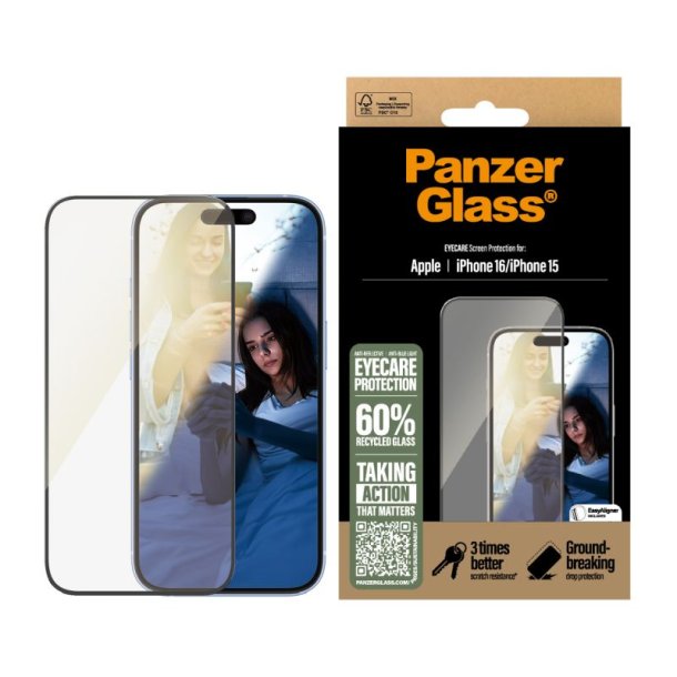 PanzerGlass EyeCare Skrmbeskyttelse iPhone 16 | 15 | Ultra-Wide Fit