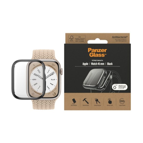 PanzerGlass Skrmbeskyttelse Full Body Apple Watch Series 9 | 8 | 7 | 45mm | Sort