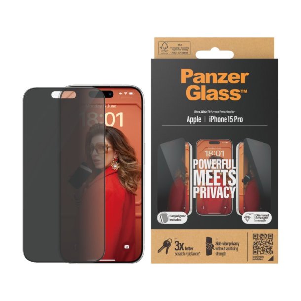 PanzerGlass Privacy Skrmbeskyttelse iPhone 15 Pro | Ultra-Wide Fit m. EasyAligner