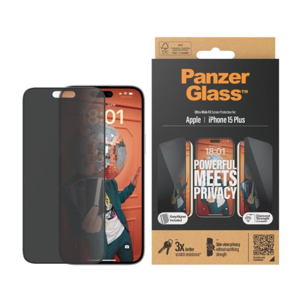 PanzerGlass Privacy Skrmbeskyttelse iPhone 15 Plus | Ultra-Wide Fit m. EasyAligner