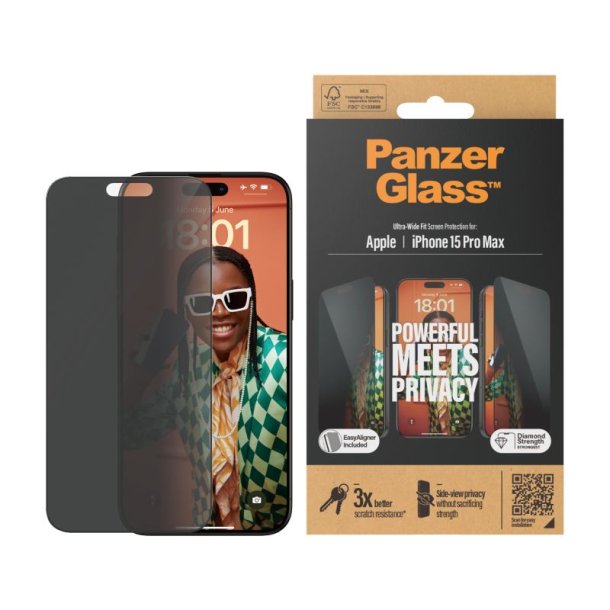 PanzerGlass Privacy Skrmbeskyttelse iPhone 15 Pro Max | Ultra-Wide Fit m. EasyAligner