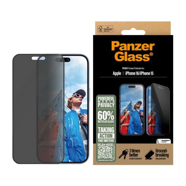 PanzerGlass Privacy Skrmbeskyttelse iPhone 16 | 15 | Ultra-Wide Fit