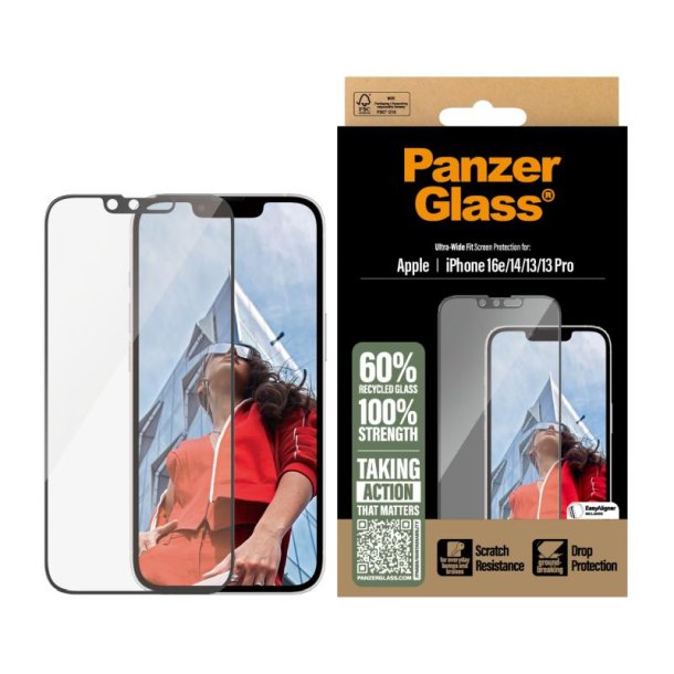PanzerGlass Skrmbeskyttelse iPhone 16e | 14 | 13 | 13 Pro | Ultra-Wide Fit m. Aligner