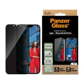 PanzerGlass Privacy Sk�rmbeskyttelse iPhone 16e | 14 | 13 | 13 Pro | Ultra-Wide Fit m. Aligner