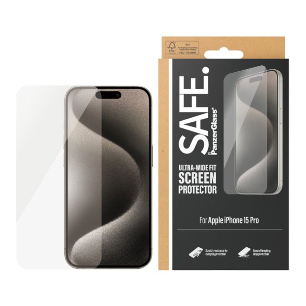 PanzerGlass SAFE by Skrmbeskyttelse iPhone 15 Pro | Ultra-Wide Fit
