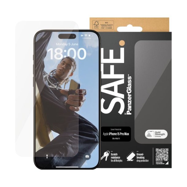 PanzerGlass SAFE by Skrmbeskyttelse iPhone 15 Pro Max | Ultra-Wide Fit