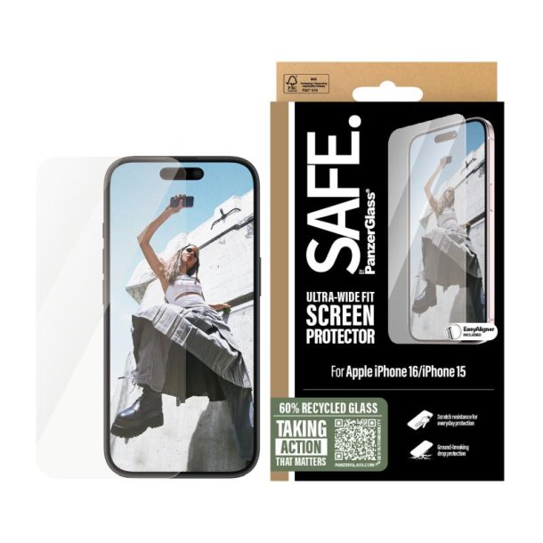 PanzerGlass SAFE by Skrmbeskyttelse iPhone 16 | 15 | Ultra-Wide Fit