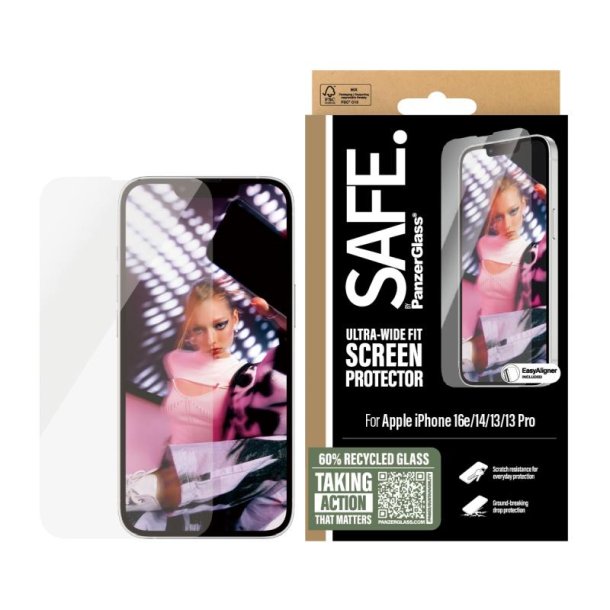 PanzerGlass SAFE by Skrmbeskyttelse iPhone 16e | 14 | 13 | 13 Pro | Ultra-Wide Fit m. Aligner