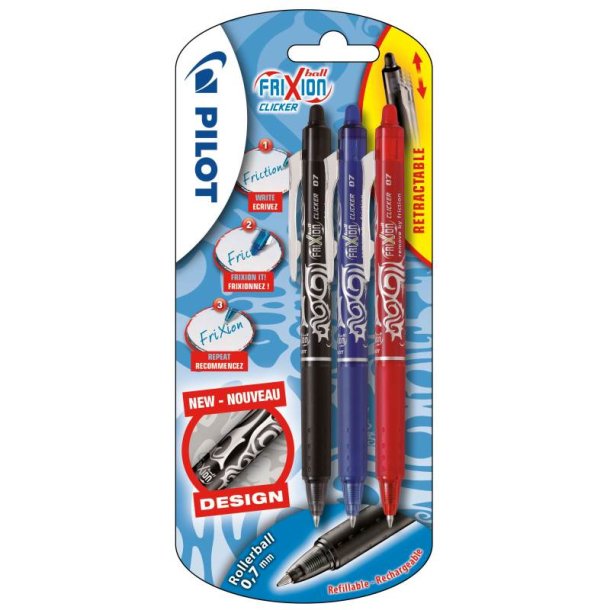 Pilot Frixion Clicker - med klik - 0,7 mm - assorteret farver - 3 stk.