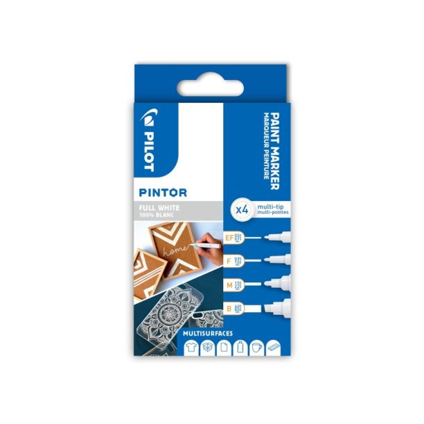 Pilot paint marker - Pintor - Ekstra Fin, Fin, Medium og Bred - 4 stk. - hvid