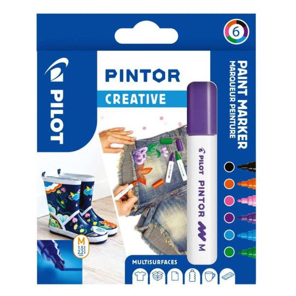 Pilot Permanent marker Pintor - Medium creative - 1,4 mm - assorteret farver - 6 stk.