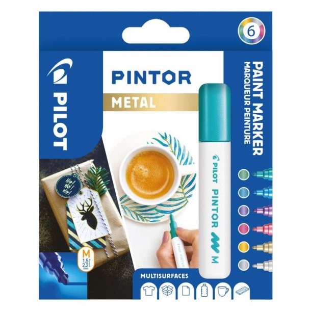 Pilot Permanent marker Pintor - Medium Metal Mix - 1,4 mm - assorteret farver - 6 stk.