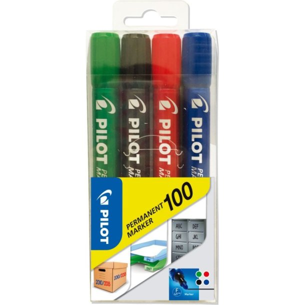 Pilot Permanent marker 100 - rund spids - assorteret farver - 4 stk.