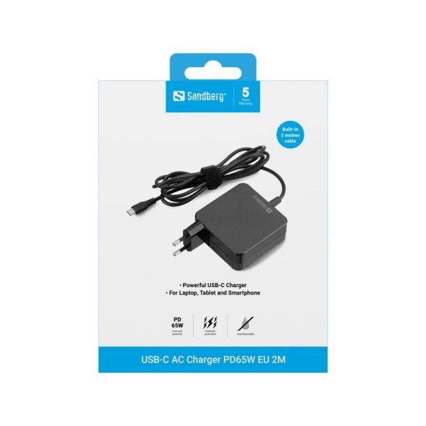 Sandberg USB-C AC Charger PD65W - hurtig oplader med 2m kabel til indend�rs brug