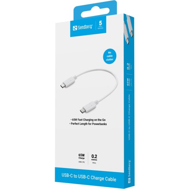 Sandberg USB-C Charge Cable 0.2m, 65W - hvid opladerkabel