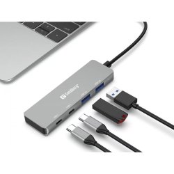 Sandberg USB-C Hub med 2x USB-A og 2x USB-C - gr� aluminium