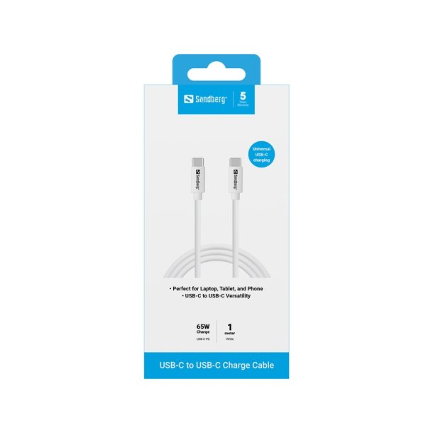 Sandberg USB-C opladerkabel 1 meter, 65W - hvid