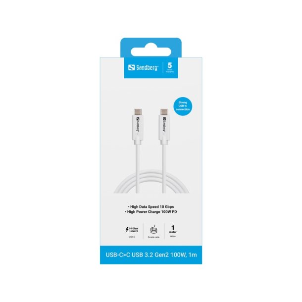 Sandberg USB-C til USB-C kabel 3.2 Gen2 - 100W og 10 Gbps, 1 meter